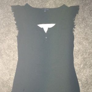 Black tank with ruffle sleeves and five buttons at the top.